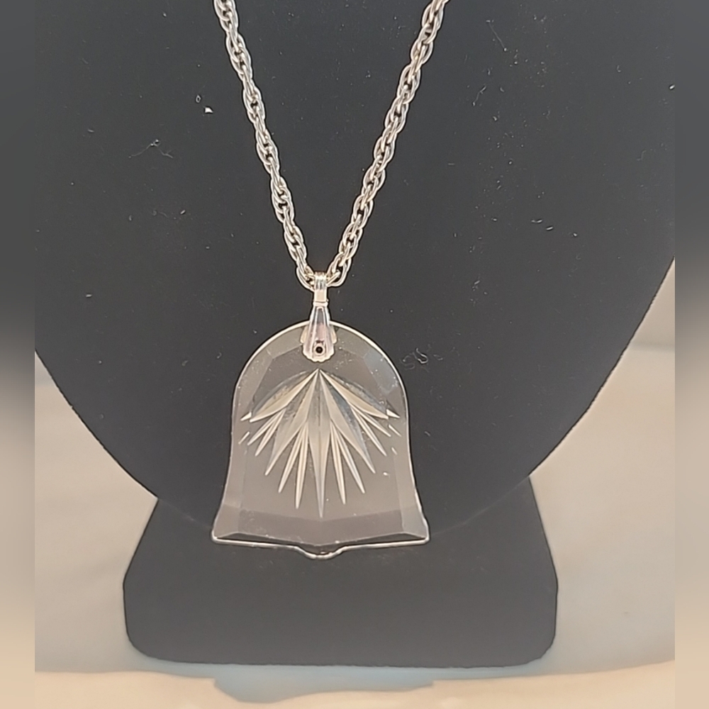 Vintage Gorham Fan Cut Crystal Pendant Bell Silver Tone Chain 14"